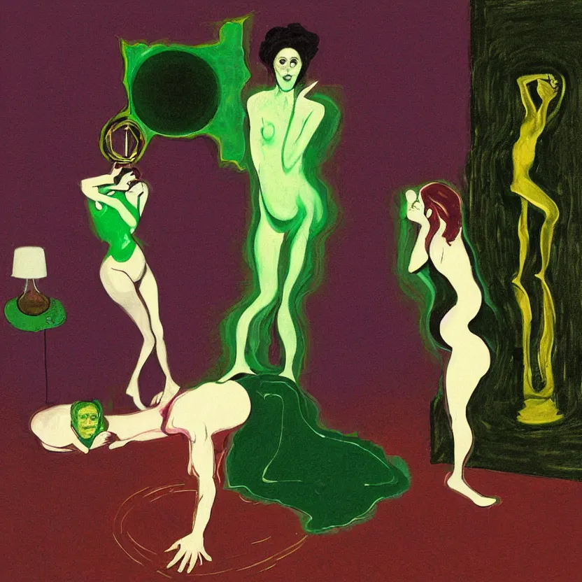 Image similar to Man and woman start to bounce in a living room of a house, floating dark energy surrounds the middle of the room. There is one living room plant to the side of the room, surrounded by a background of dark cyber mystic alchemical transmutation heavenless realm, dark emerald green magenta colors, cover artwork by francis bacon and Jenny seville, midnight hour, part by adrian ghenie, part by jeffrey smith, part by josan gonzales, part by norman rockwell, part by phil hale, part by kim dorland, artstation, highly detailed