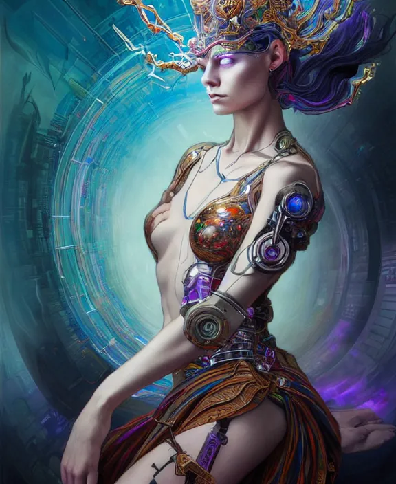 Image similar to whirlwind of souls rushing inside the metaverse, half body, tiara, tattoo, pharaoh, android, cyborg, cyberpunk face, by loish, d & d, fantasy, intricate, elegant, highly detailed, colorful, vivid color, digital painting, artstation, concept art, art by artgerm and greg rutkowski and alphonse mucha and ruan jia