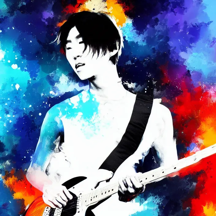 Image similar to abstract, a young korean male musician wearing black tank top holding a telecaster!!! electric guitar!! explodes in abstract, thick flowing dramatic brush strokes, strong wind, white background, matte colors, impressionist, extreme motion, trending on artstation