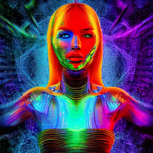 Prompt: portrait painting of a colorful cybernetic woman, fantasy, digital art, pixel sorting