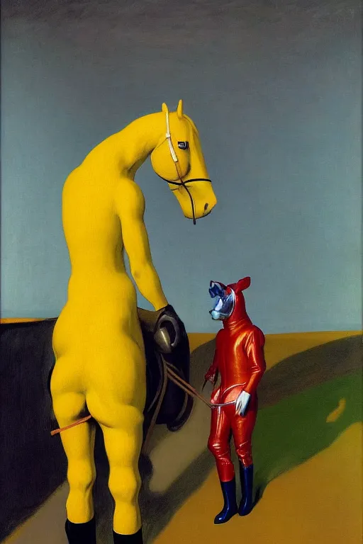 Image similar to man in horse costume, horse in costume astronaut, hauntingly surreal, highly detailed painting by francis bacon, edward hopper, adrian ghenie, gerhard richter, and james jean soft light 4 k,