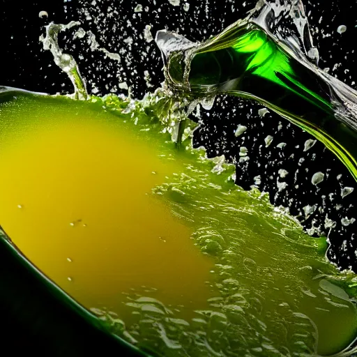 Prompt: a green liquid mixed with honey, waving, flowing, dramatic lighting