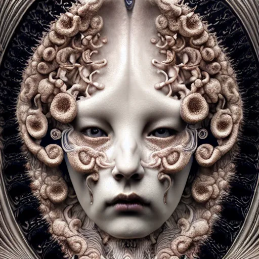 Prompt: detailed realistic beautiful porcelain calaveras goddess face portrait by jean delville, gustave dore, iris van herpen and marco mazzoni, art forms of nature by ernst haeckel, art nouveau, symbolist, visionary, gothic, neo - gothic, pre - raphaelite, fractal lace, intricate alien botanical biodiversity, surreality, hyperdetailed ultrasharp octane render