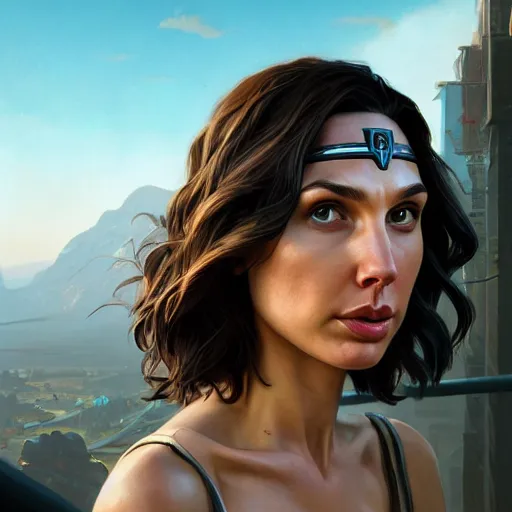 Image similar to highly detailed portrait, gal gadot, in gta v, stephen bliss, unreal engine, fantasy art by greg rutkowski, loish, rhads, ferdinand knab, makoto shinkai and lois van baarle, ilya kuvshinov, rossdraws, tom bagshaw, global illumination, radiant light, detailed and intricate environment