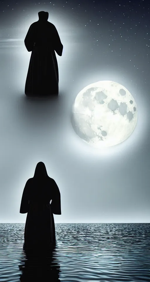 Image similar to beautiful digital painting of a robed figure standing at the side of a dark lake, looking at the reflection of the moon in the water realistic, colorful, highly detailed, unreal engine