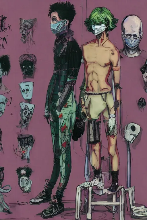 Image similar to a skinny goth guy wearing a face mask standing in a cluttered 9 0 s bedroom, full body character concept art, vaporwave colors, hirohiko araki art, inio asano art,