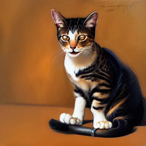 Image similar to playful cat, plain background, ( in the style of jc leyendecker ), phil hale, angular, brush strokes, painterly, crisp, portrait of a cat, cat portrait painting