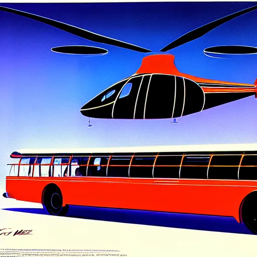 Image similar to concept art for bus + helicopter, painted by syd mead, high quality