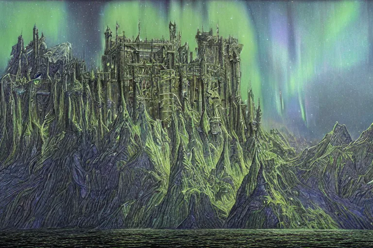 Image similar to highly detailed photoreal eldritch biomechanical castle on a cliff, aurora borealis, psychedelic by alan lee, john howe. ted naismith