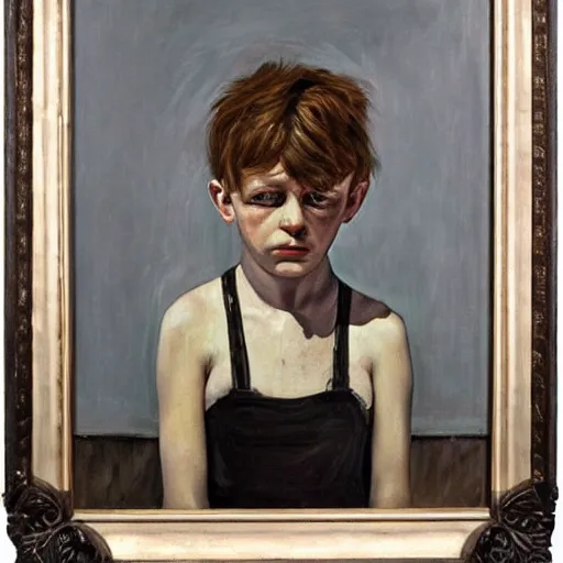 Image similar to Oil painting Portrait of a sad child, by Lucian Freud, Abstract brush strokes, Masterpiece