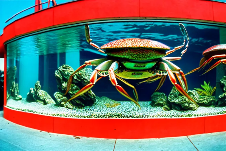 Prompt: 1 9 8 5 crab themed giant aquarium, googie architecture, one point perspective, americana, fishcore, exterior photography, hd 8 k, photography cinestill