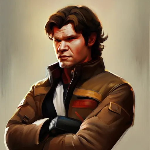 Image similar to greg manchess portrait painting of han solo as overwatch character, medium shot, asymmetrical, profile picture, organic painting, sunny day, matte painting, bold shapes, hard edges, street art, trending on artstation, by huang guangjian and gil elvgren and sachin teng