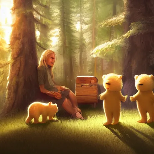 Prompt: a blond child and three bears outside the bears house in the forest, artstation, concept art, smooth, sharp focus, illustration,