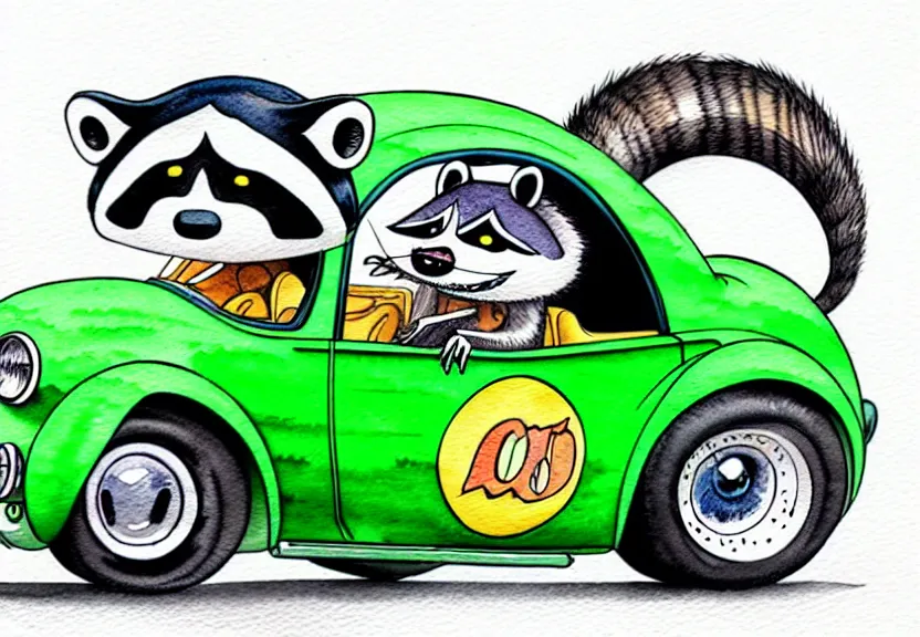 Image similar to cute and funny, racoon riding in a tiny hot rod coupe with oversized engine, ratfink style by ed roth, centered award winning watercolor pen illustration, isometric illustration by chihiro iwasaki, edited by range murata