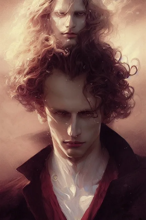 Prompt: johan liebert mixed with alucard picture by Greg Rutkowski, long fluffy blond curly hair, baroque curls, dynamic pose, matte painting, intricate, z brush, fantasy concept art, elegant, by Stanley Artgerm Lau, WLOP, golden ratio, thomas kindkade, alphonse mucha, loish, Peter chung, norman Rockwell,