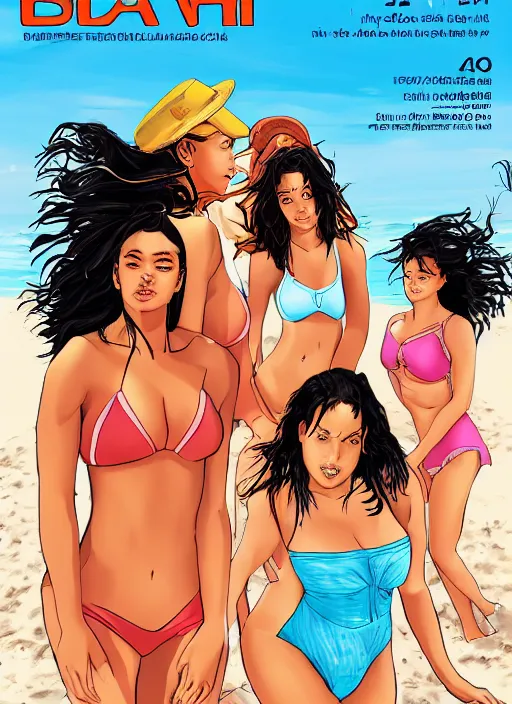 Image similar to several girls at the beach, diversity of bodies and ethnicity, cover of a magazine, high definition, digital art, comic style, sunny day