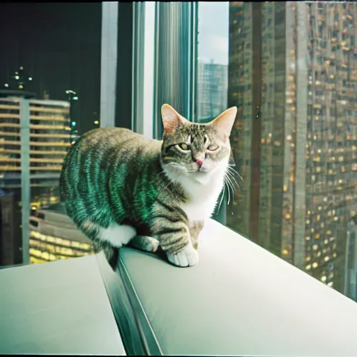 Image similar to a cat wearing a suit, looking out at a skyline from a penthouse suite, cinestill 800t,