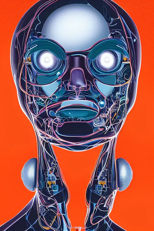 Prompt: portrait of a organic cyborg head wrapped in plastic by pixar, centered, symmetrical, bilateral symmetry, 80s poster, polished, retro dark vintage sci-fi, 2D matte illustration