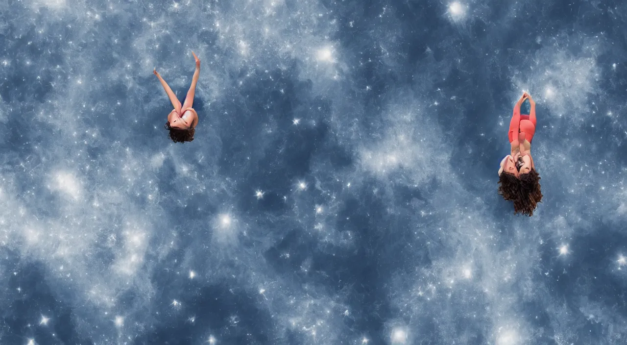 Prompt: one woman looking up while floating in space