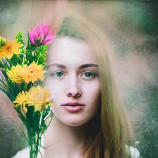 Prompt: Double exposure portrait of young woman with bouquet of flowers
