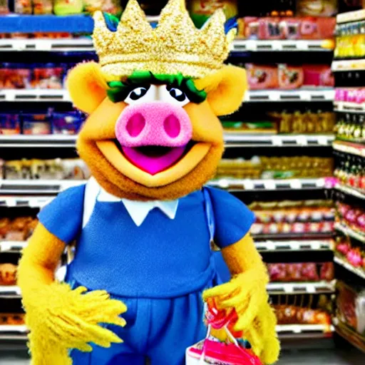 Prompt: muppet pig wearing a gold crown shopping at a grocery store 8k