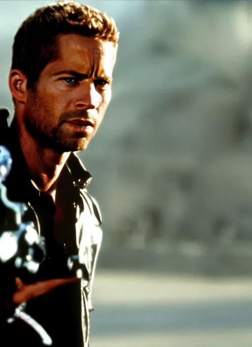 Image similar to film still of Paul Walker as The Terminator in The Terminator, 4k