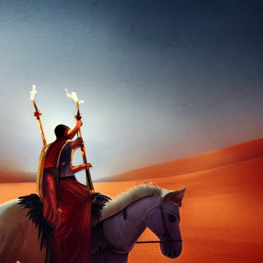Prompt: Man in Biblical clothing riding a chariot of fire, horses on fire, middle eastern desert, night, cinematic, beautiful, award winning illustration