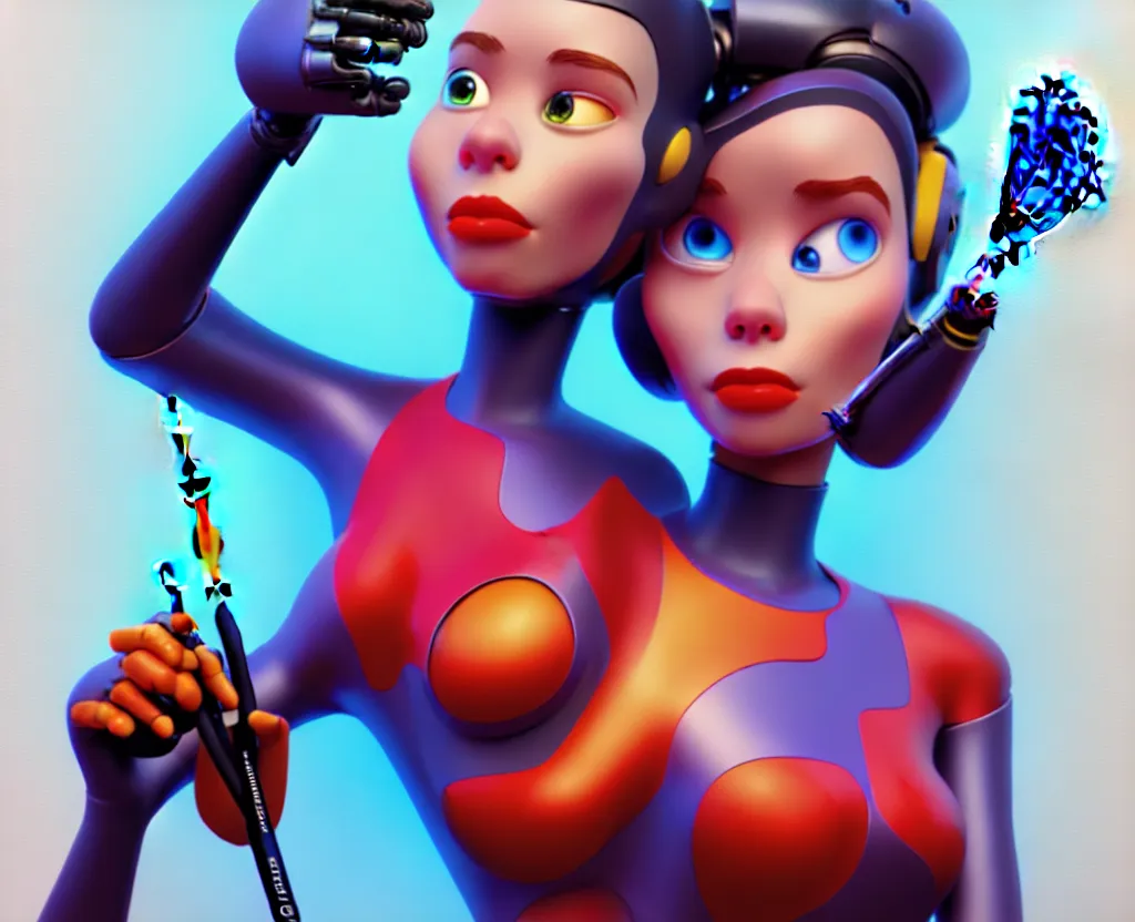 Image similar to , female artist with cyborg hands holding a paint brush, warm atelier artist workshop, 8 k octane render artstation pixar disney