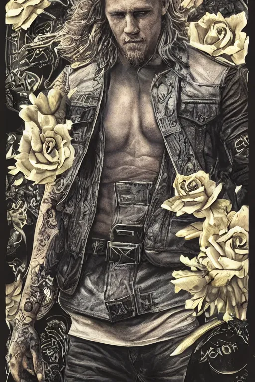 Prompt: Photorealistic half body Portrait of Jax Teller as a very attractive muscular biker, all his skin covered by flowers, elvish symbols and and dark grim themed tattoos. surrounded by magic lightings overlays, Intricate, concept art, magic lighting overlays, magical portal opened, D&D!, fantasy style, sharp focus!, ultra detailed, art by Artgerm and Peter Andrew Jones, WLUP, Magali Villeneuve