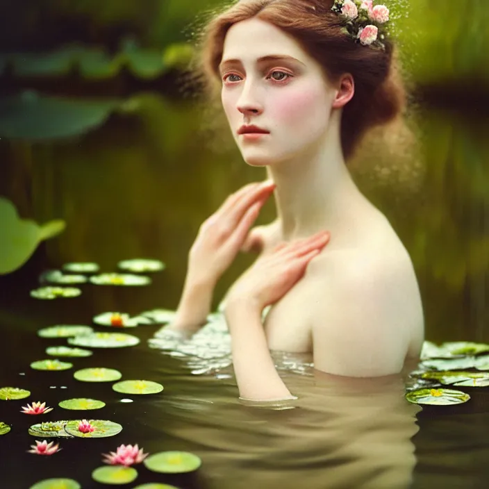 Prompt: Kodak Portra 400, 8K, soft light, volumetric lighting, highly detailed, britt marling style 3/4 ,portrait photo of a beautiful woman how pre-Raphaelites painter, the face emerges from the water of a pond with water lilies, a beautiful lace dress and hair are intricate with highly detailed realistic beautiful flowers , Realistic, Refined, Highly Detailed, natural outdoor soft pastel lighting colors scheme, outdoor fine art photography, Hyper realistic, photo realistic