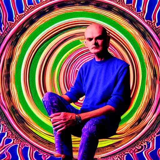 Prompt: psychedelic portrait of ram dass sitting crisscross, background by Alex Grey, intricate, highly detailed, cinematic lighting, 4k, hyperrealistic, unreal engine