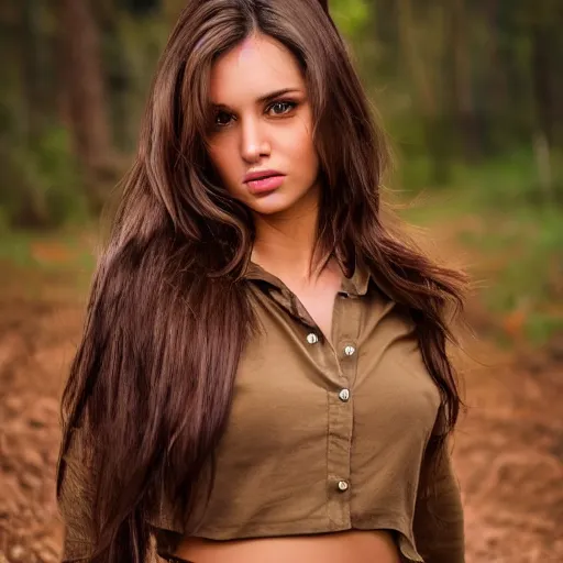 Image similar to real life photo of a hot beautiful girl, full body photoshoot, long brown hair, brown eyes, full round face, short smile, belly free, long sleeved belly free brown shirt, forest setting, cinematic lightning, medium shot, mid - shot, highly detailed, trending on artstation, unreal engine 4 k, 8 0 mm, 8 5 mm, cinematic wallpaper