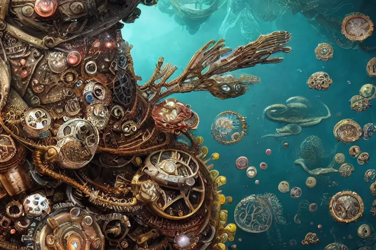 Image similar to beautiful painting close up of a huge caretta wearing a steampunk armour of jewels incrusted with clocks in vast ocean coral reef, water bubbles, intricate details, jewel fishes, two magnificent jelly fish, realistic shaded , steampunk, highly detailed, artstation, illustration Greg Rutkowski , octane render, 4k, dynamic light, volumetric light, neon lights, cinematic mood