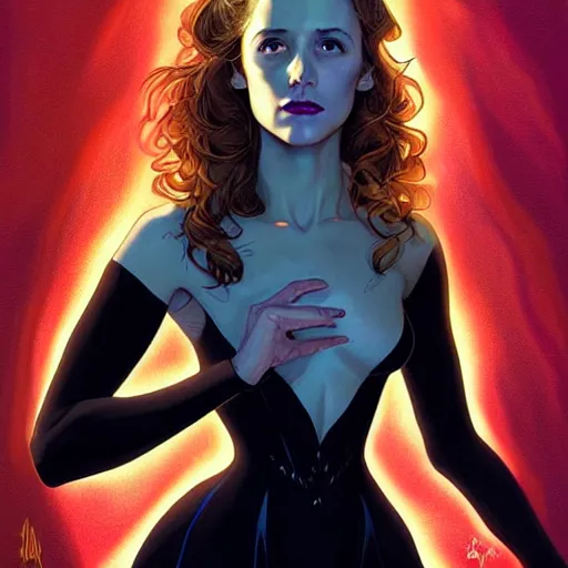 Image similar to beautiful stella maeve magician, black magic spells, in the style of joshua middleton, rafeal albuquerque comicbook cover art, phil noto, creepy pose, spooky, symmetrical face and body, volumetric lighting, cinematic lighting, detailed realistic symmetrical eyes, insanely detailed and intricate elegant, autumn leaves, artgerm