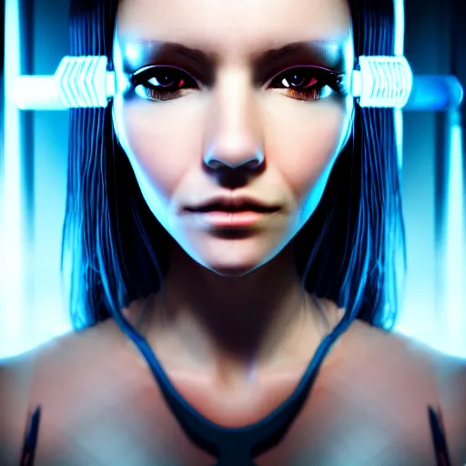 Prompt: realistic detailed portrait of Cyberpunk woman, portrait, long dark hair, Cyberpunk, Sci-Fi, science fantasy, glowing skin, full body, beautiful girl, extremely detailed, sharp focus, model