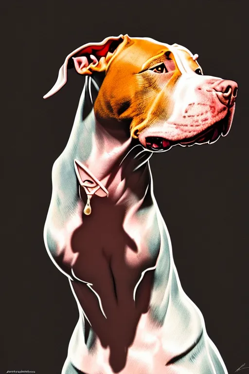 Image similar to clear portrait of a pitbull terrier, cottagecore!!, background hyper detailed, character concept, full body, dynamic pose, glowing lights!! intricate, elegant, highly detailed, digital painting, artstation, concept art, smooth, sharp focus, illustration, art by artgerm and greg rutkowski and alphonse mucha