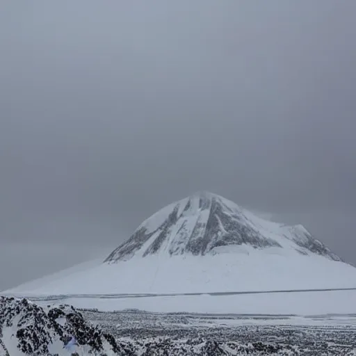 Prompt: a overlook of a artic mountain. below is a large monolithic cathedral, blocking out the rest of the view of the over look. grainy, overcast sky, snowing.