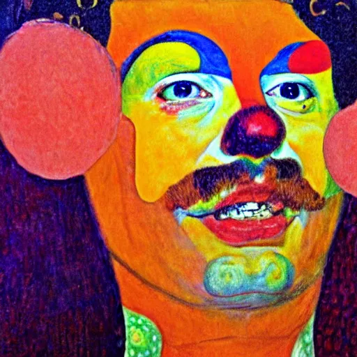 Image similar to detailing character concept portrait of clown by Gustav Klimt, on simple background, oil painting, middle close up composition