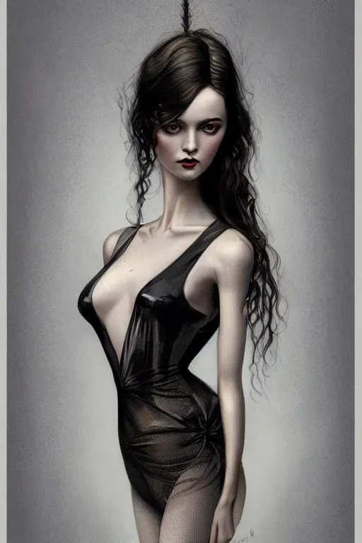 Image similar to Film noir portrait of a beautiful female dollpunk with thin lustrous hair wearing a bodysuit, focus, detailed, realistic eyes, symmetric body features proportions, intricate details, award winning, by Tom Bagshaw