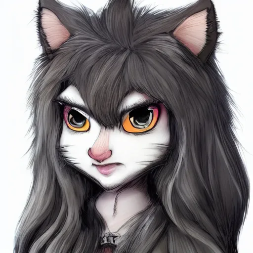 Image similar to headshot of young female furry, D&D, cute, fantasy, intricate, long hair, dark grey skin, mouse face, mouse nose, dark skin, mouse head, mouse ears, black hair, elegant, highly detailed, cartoony, artstation, concept art, smooth, sharp focus, illustration, art by Diives