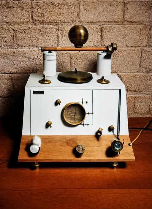 Prompt: realistic photo of a a medieval wooden electronic astronomic archeology scientific chemistry ornithology equipment made of oak wood, with white fluffy fur, brass handles by dieter rams 1 9 9 0, life magazine reportage photo, natural colors