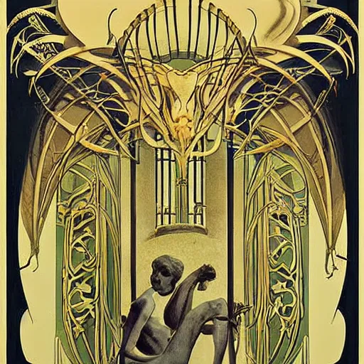 Prompt: trilobite demigod in palace art nouveau poster, rudolf hammel landscape