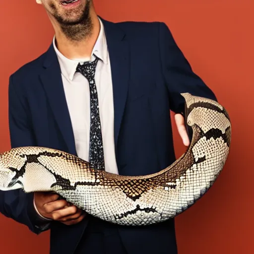 Image similar to A man with the head of a python in a business suit