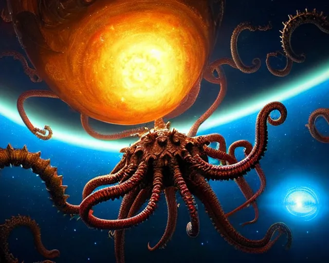 Prompt: a giant cosmic space kraken attacking an orbital space station, hyper realistic, volumetric lighting, intricately detailed, cosmic horror, vibrant colors, Art station, Epic scale, art by Greg Rutkowski, art by Ruth Asawa, art by Ted Nasmith, art by H.R. Giger, Octane render, Unreal Engine 3D, CryEngine, 8k,