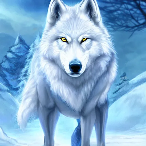 Prompt: a fantasy white wolf with blue in the snow, the wolf is located on the left of the image, artwork by sandara, digital art, deviantart, artstation, pixiv