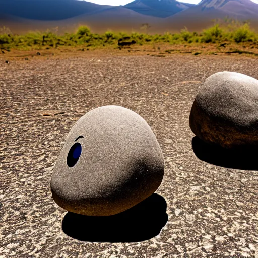 Prompt: Photograph of two rocks with a pair googly eyes at edge of a mountain in a savana