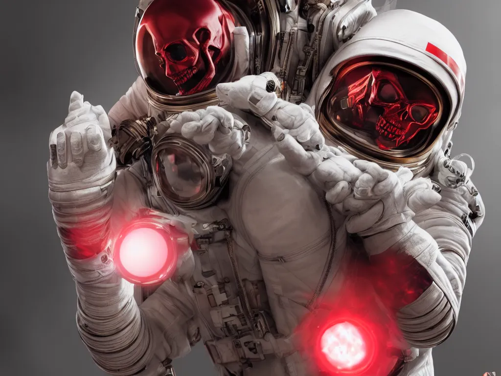 Prompt: ornate red skull in astronaut suit, gold linens, cinematic lighting, dramatic, octane render, long lens, shallow depth of field, bokeh, anamorphic lens flare, 8k, hyper detailed, 35mm film grain