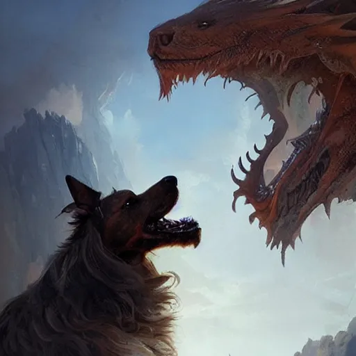 Prompt: the side view of a dog, a little terrier, touching his nose to the nose of a huge dragon, beautiful fantasy painting by greg rutkowski