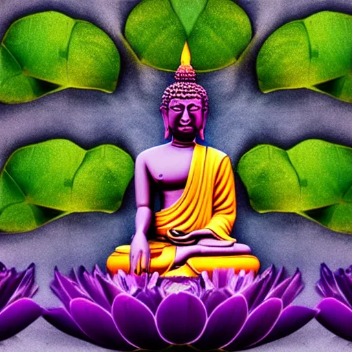 Image similar to The Buddha sitting on a purple Lotus Flower, Buddhist Art, Depth of Field, 4k resolution. Concept art, Abstract art, digital art