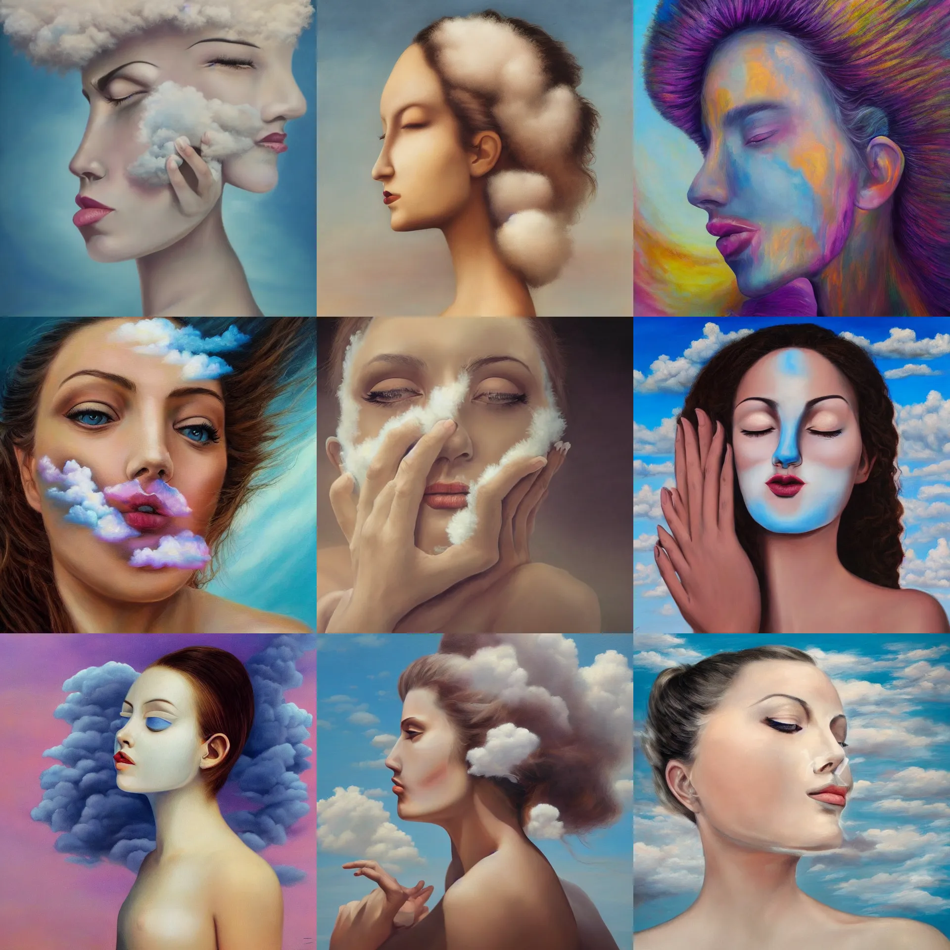 Prompt: surreal painting of the side view of a beautiful woman's face made of fluffy clouds, hands touching her face, unusual color palette, symmetrical face, defined facial features, symmetrical facial features, dramatic lighting